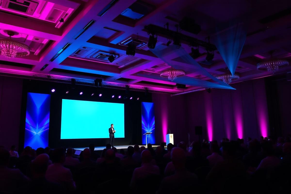 Corporate gala dinner with stage lighting