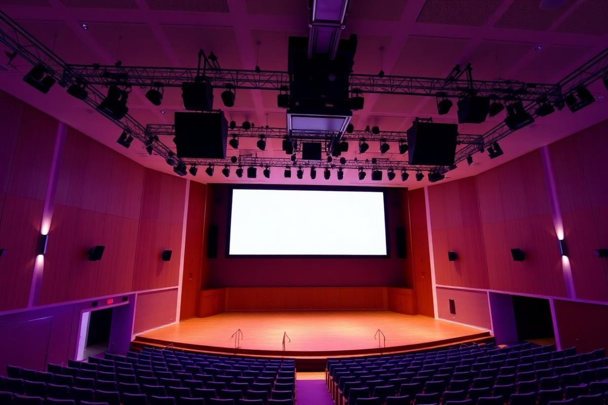 Engineer installing an LED wall in a modern auditorium