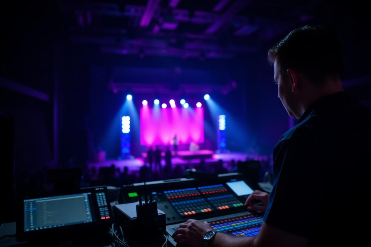Concert stage during full production with magenta lighting